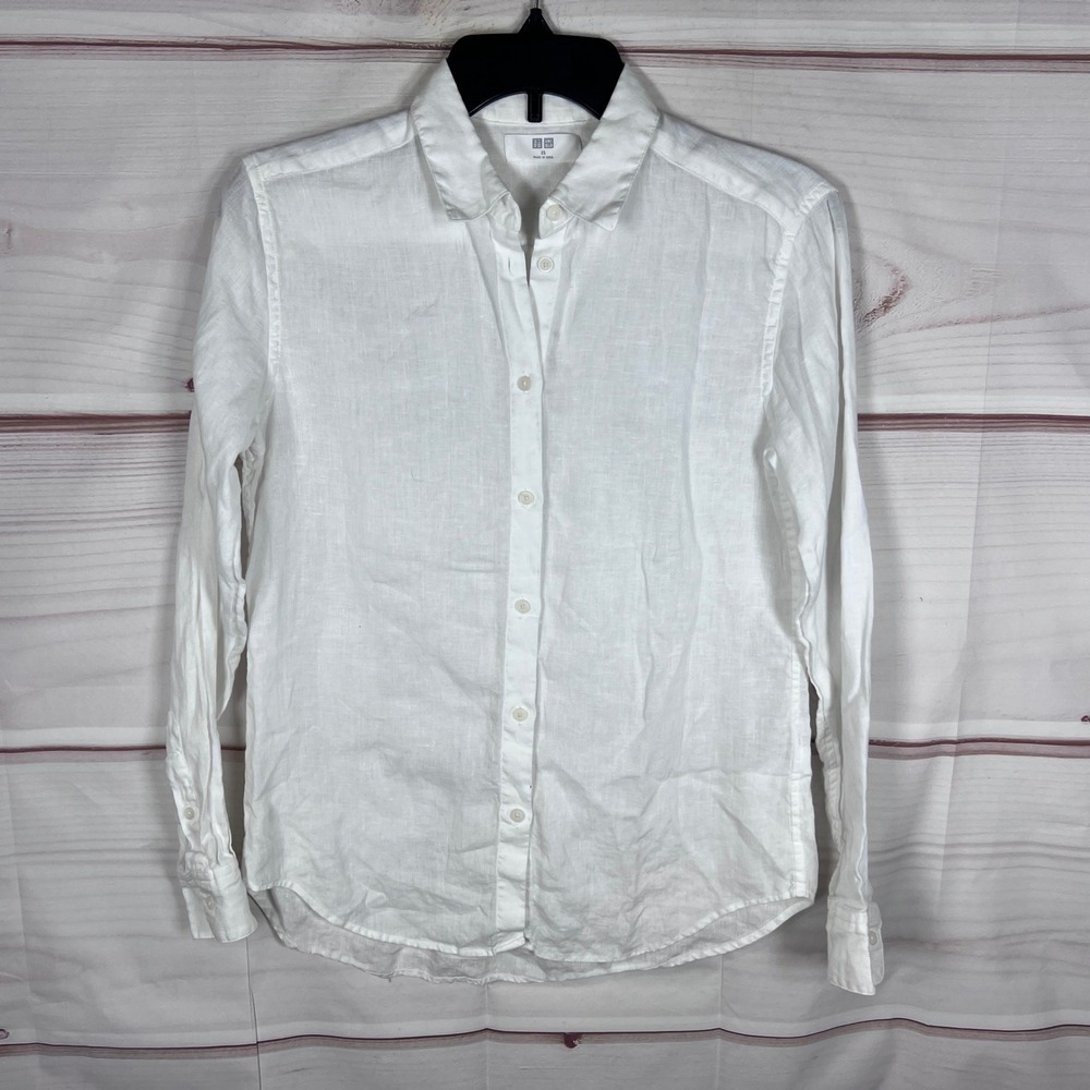Uniqlo Button Down Shirt Womens XS White Linen Long Sleeve Top Solid Collar